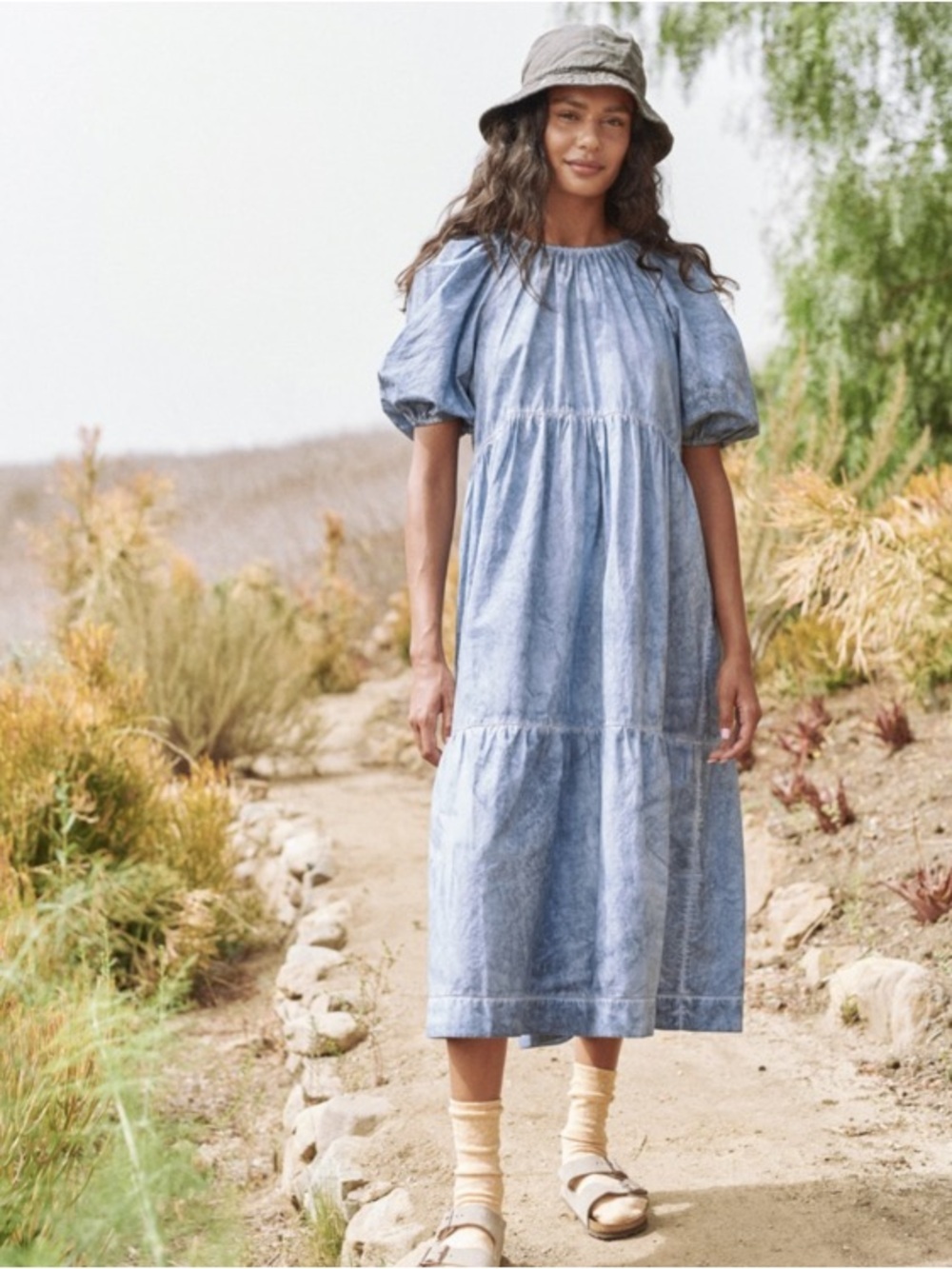 THE GREAT The Park Dress Indigo Fog Blue Wash Midi Dress Size 0 boho chic retro